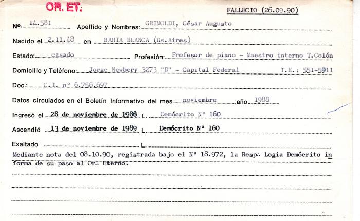 Ficha de miembro de César Augusto Grimoldi.