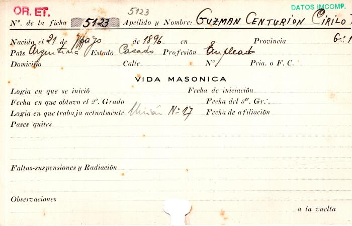 Ficha de miembro de Cirilo Guzman Centurión.