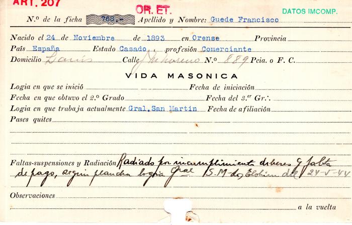 Ficha de miembro de Francisco Guede.