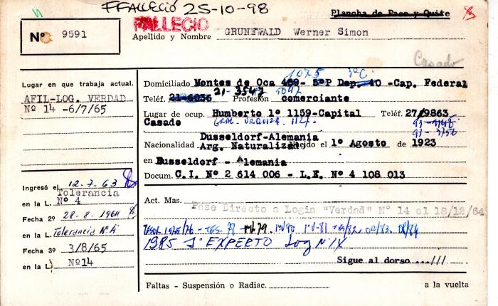 Ficha de miembro de Werner Simón Grunewald.