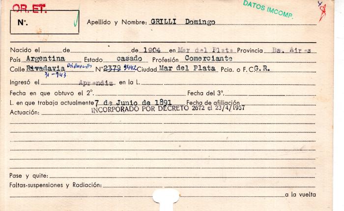 Ficha de miembro de Domingo Grilli.
