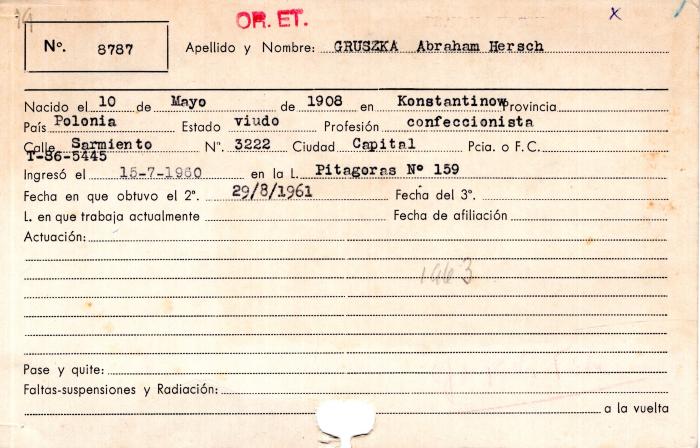 Ficha de miembro de Abraham Hersch Gruszka.