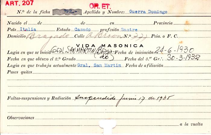 Ficha de miembro de Domingo Guerra.