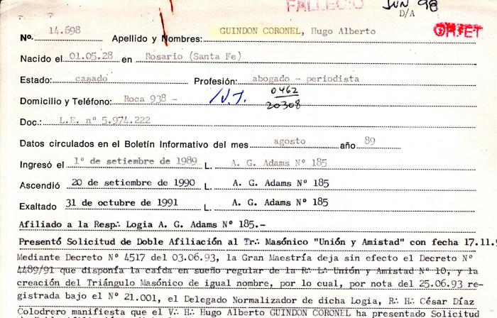 Ficha de miembro de Hugo Alberto Guindon Coronel.