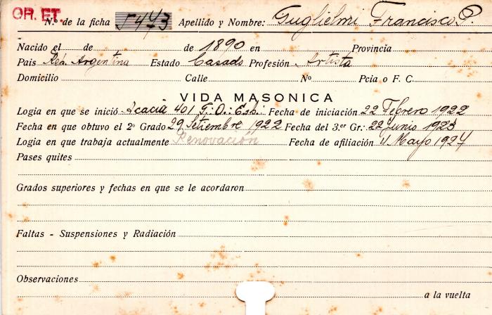 Ficha de miembro de Francisco P. Guglielmi.