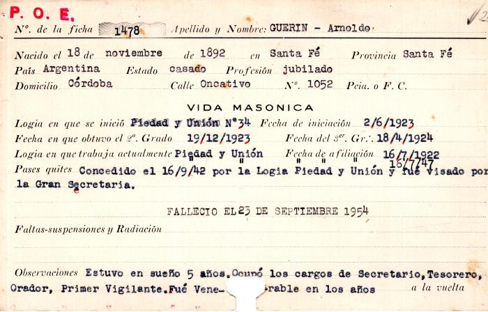 Ficha de miembro de Arnoldo Guerin.