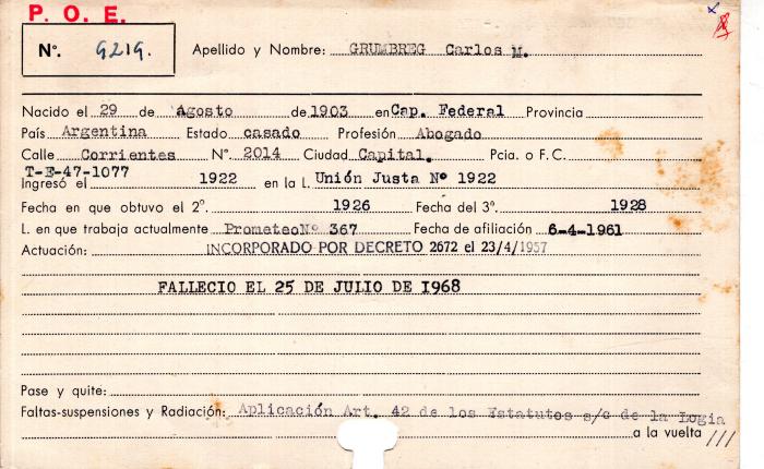 Ficha de miembro de Carlos M. Grumbreg.