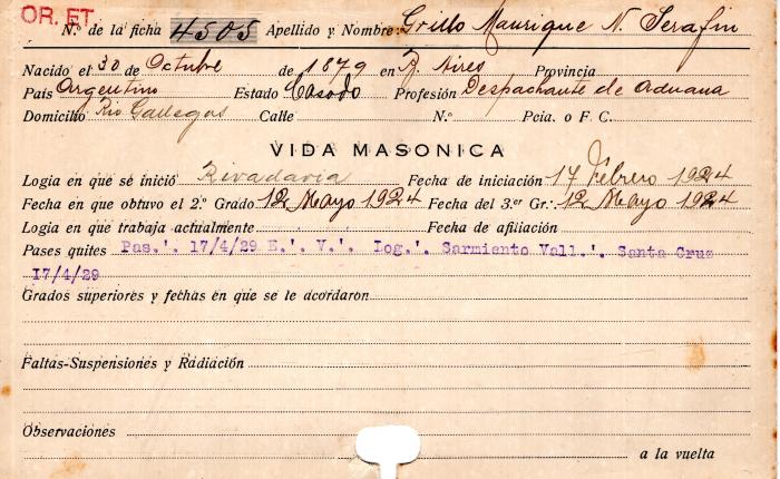 Ficha de miembro de Serafín N. Grillo Maurique.