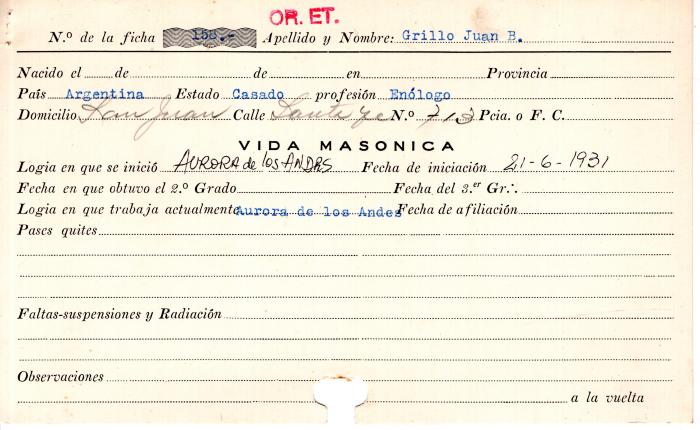 Ficha de miembro de Juan B. Grillo.