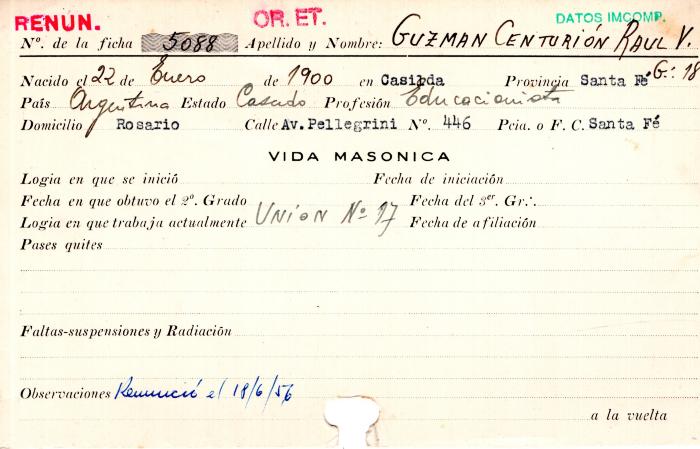 Ficha de miembro de Raúl Guzman Centurión.