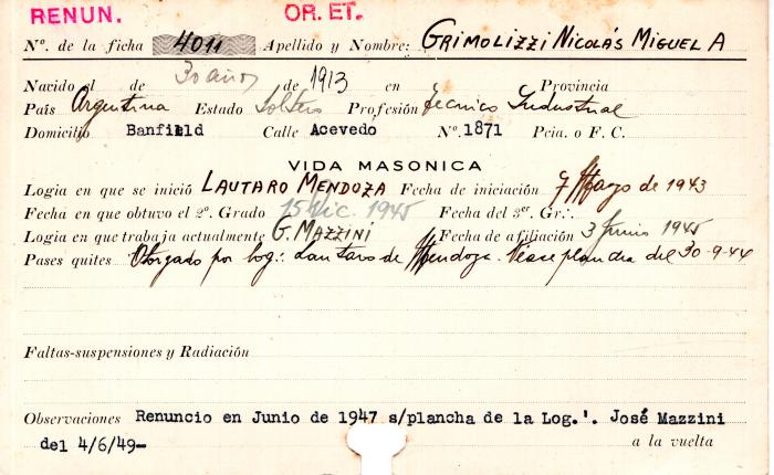 Ficha de miembro de Nicolás Miguel A. Grimolizzi.