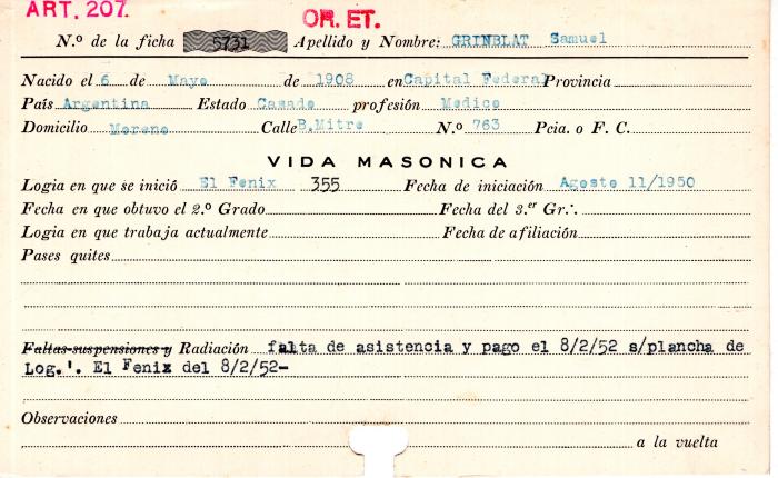 Ficha de miembro de Samuel Grinblat.
