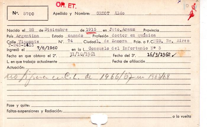 Ficha de miembro de Aldo Griot.