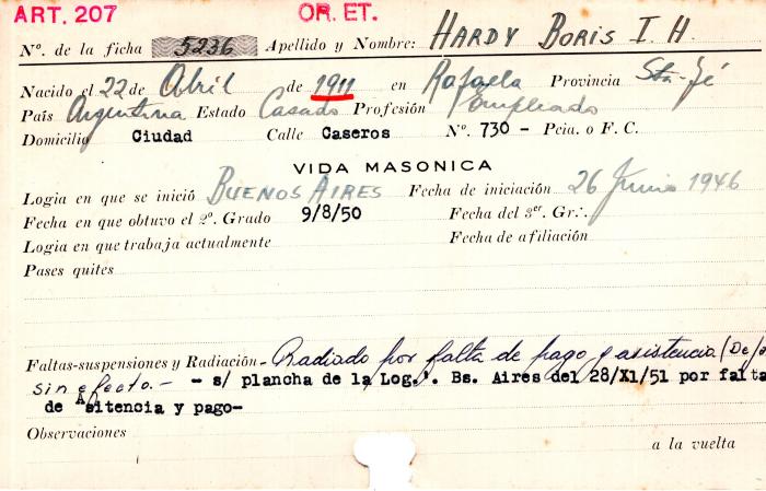 Ficha de miembro de Boris I. H. Hardy.