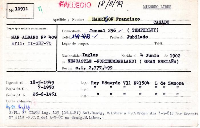 Ficha de miembro de Francisco Harrison.