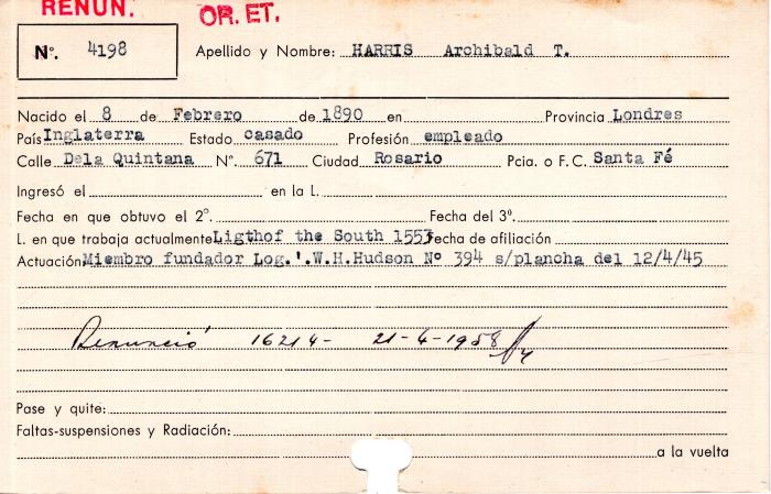 Ficha de miembro de Archibald T. Harris.