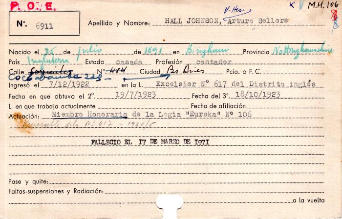 Ficha de miembro de Arturo Sellors Hall Johnson.
