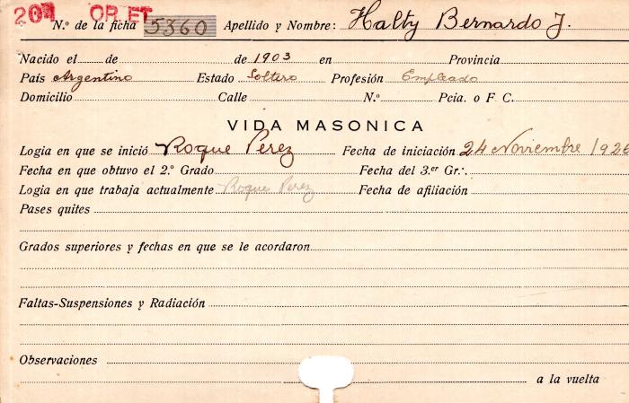 Ficha de miembro de Bernardo J. Halty.