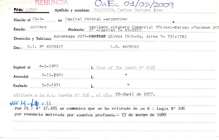 Ficha de miembro de Carlos Enrique Juan Halperin.