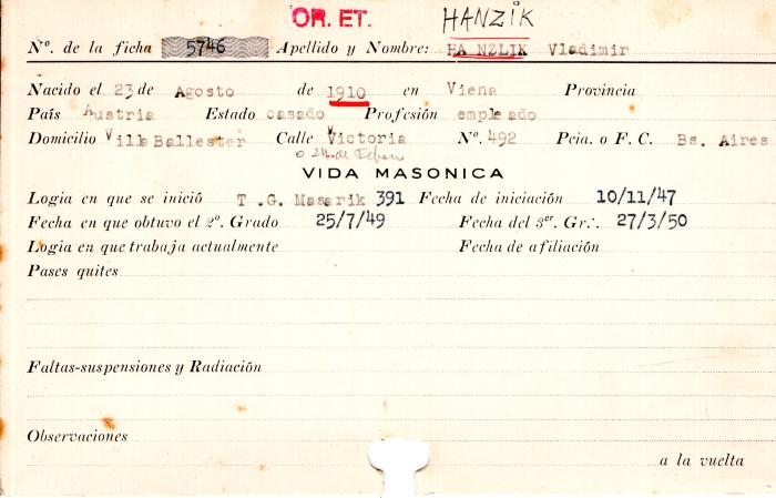 Ficha de miembro de Vladimir Hanzik.