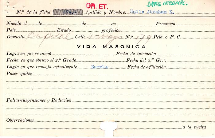 Ficha de miembro de Abraham K. Halle.