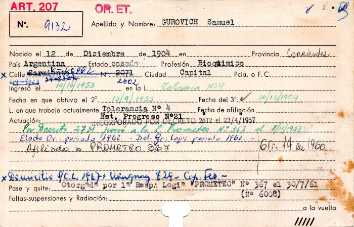 Ficha de miembro de Samuel Gurovich.