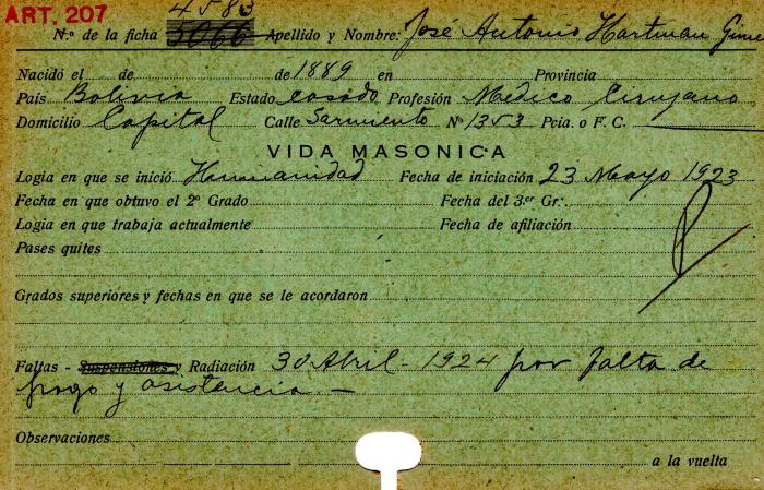 Ficha de miembro de José Antonio Hartman Gimenez.