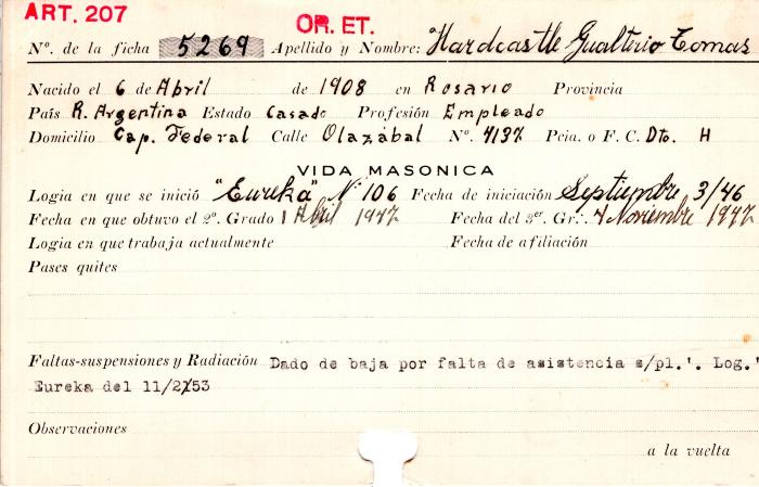 Ficha de miembro de Gualterio Tomás Hardcastle.