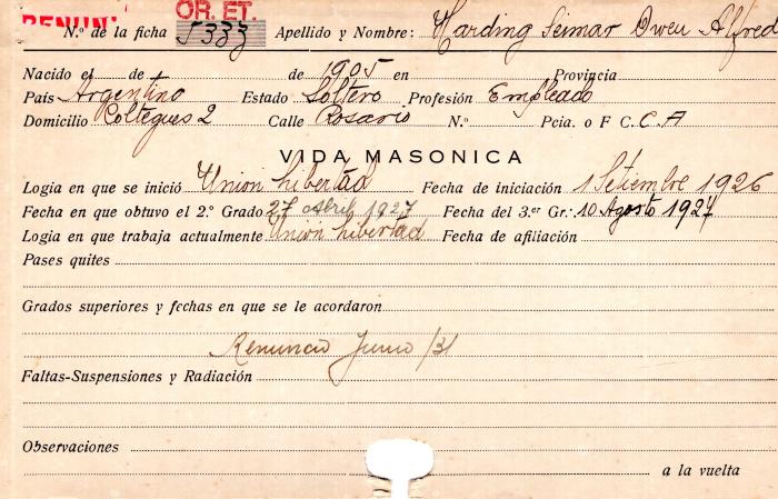 Ficha de miembro de Owen Alfred Harding Seimar.