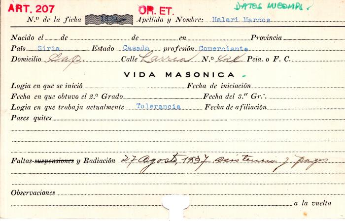 Ficha de miembro de Marcos Halari.