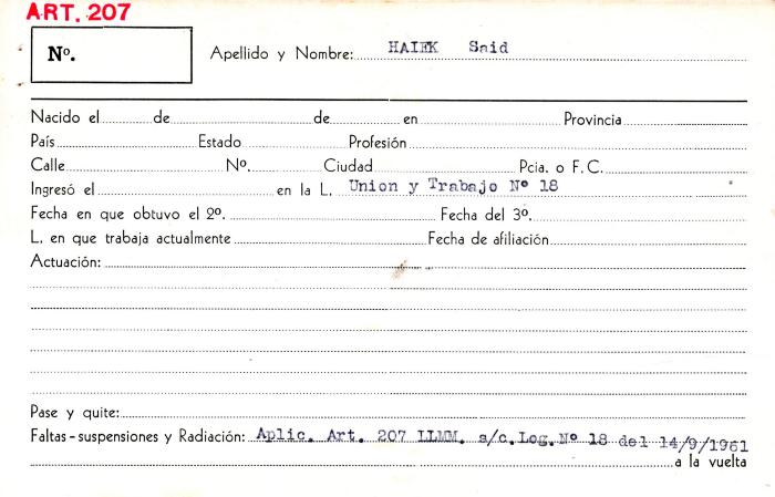 Ficha de miembro de Said Haiek.