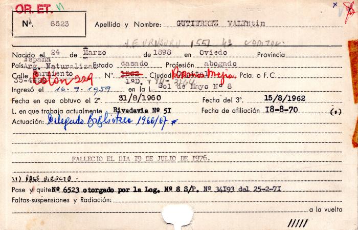 Ficha de miembro de Valentín Gutierrez.