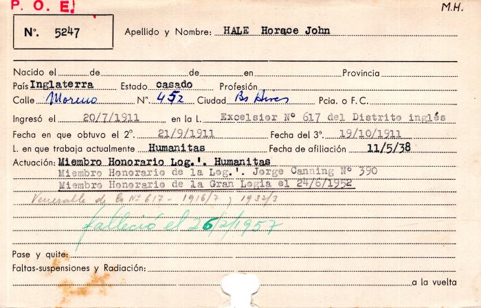 Ficha de miembro de Horace John Hale.