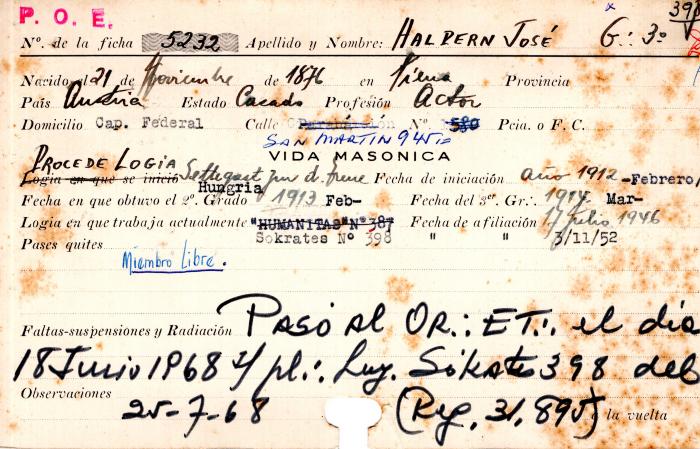 Ficha de miembro de José Halpern.