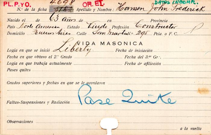 Ficha de miembro de John Frederick Hansen.