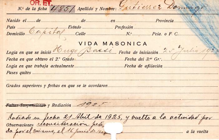 Ficha de miembro de Domingo Gutierrez.