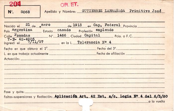 Ficha de miembro de Primitivo José Gutierrez Larrañaga.