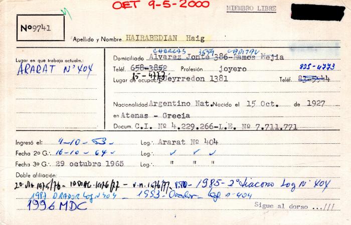 Ficha de miembro de Haig Hairabedian.