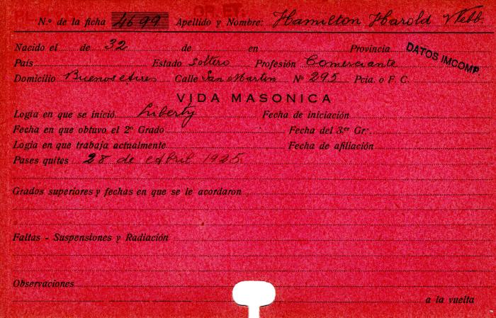 Ficha de miembro de Harold Webb Hamilton.