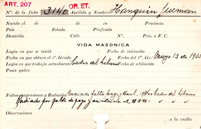 Ficha de miembro de Lucman Hanquin.
