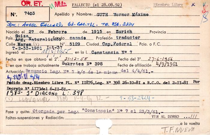 Ficha de miembro de Werner Máximo Guth.