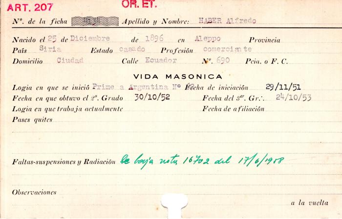 Ficha de miembro de Alfredo Haber.