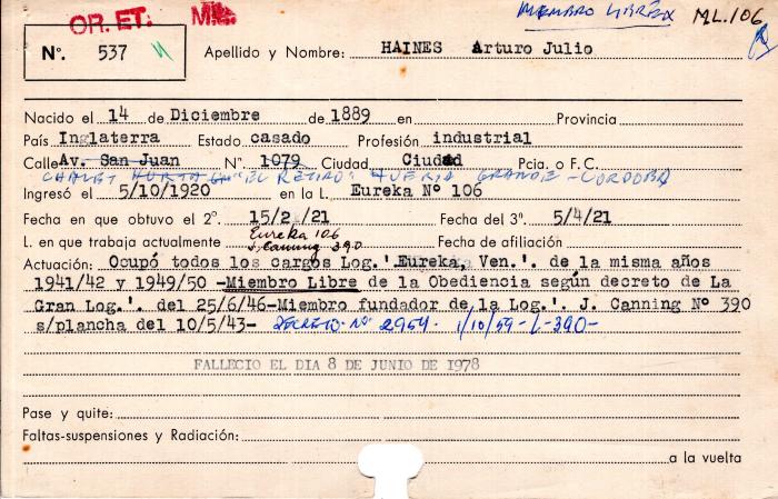 Ficha de miembro de Arturo Julio Haines.