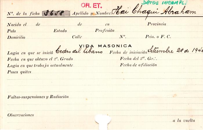 Ficha de miembro de Abraham Hai Chaqui.