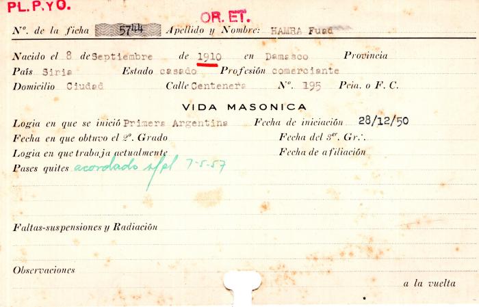 Ficha de miembro de Fuad Hamra.
