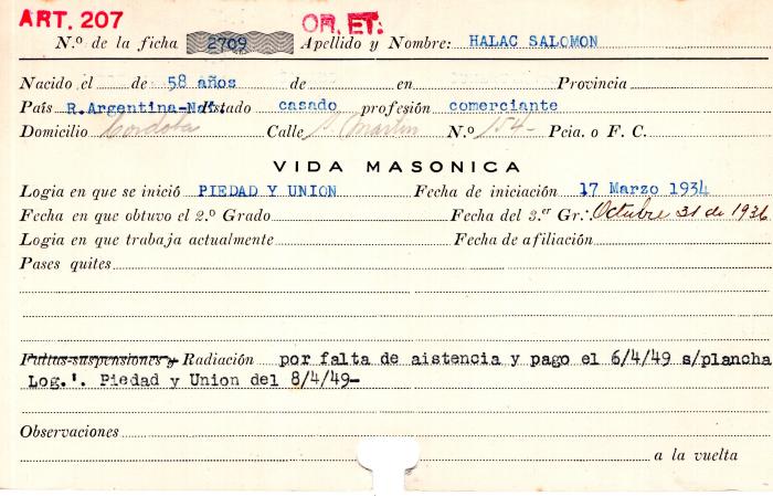 Ficha de miembro de Salomón Halac.