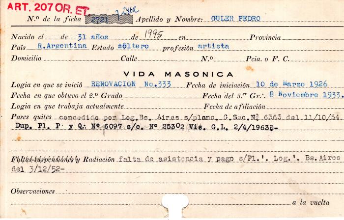 Ficha de miembro de Pedro Guler.