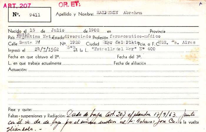 Ficha de miembro de Abraham Halperin.