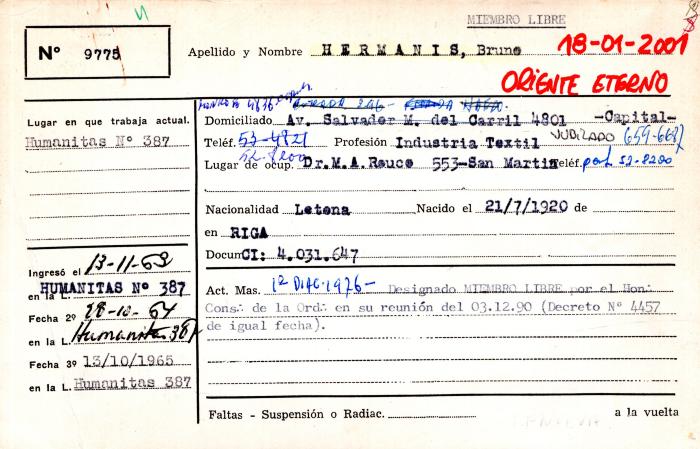 Ficha de miembro de Bruno Hermanis.