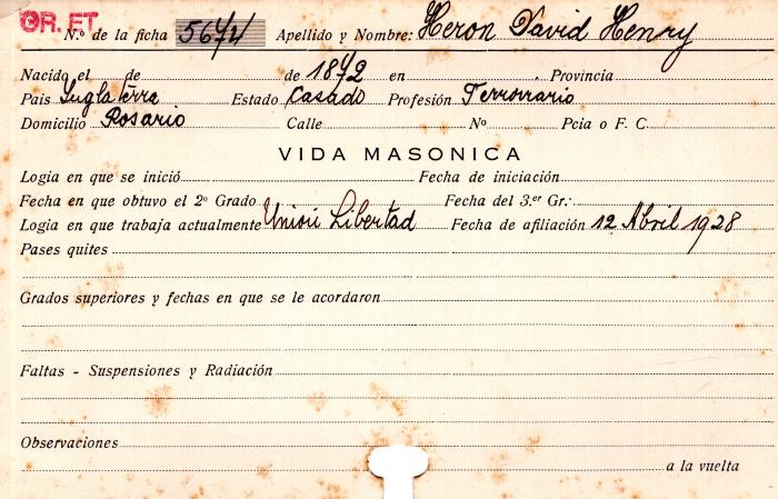 Ficha de miembro de David Henry Heron.